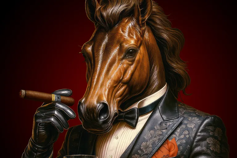 Cheval bai en veste de cuir, cigare et verre de whisky, sur fond rouge sombre