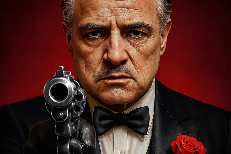 Portrait de parrain en smoking noir, rose rouge à la boutonnière, revolver pointé vers le spectateur