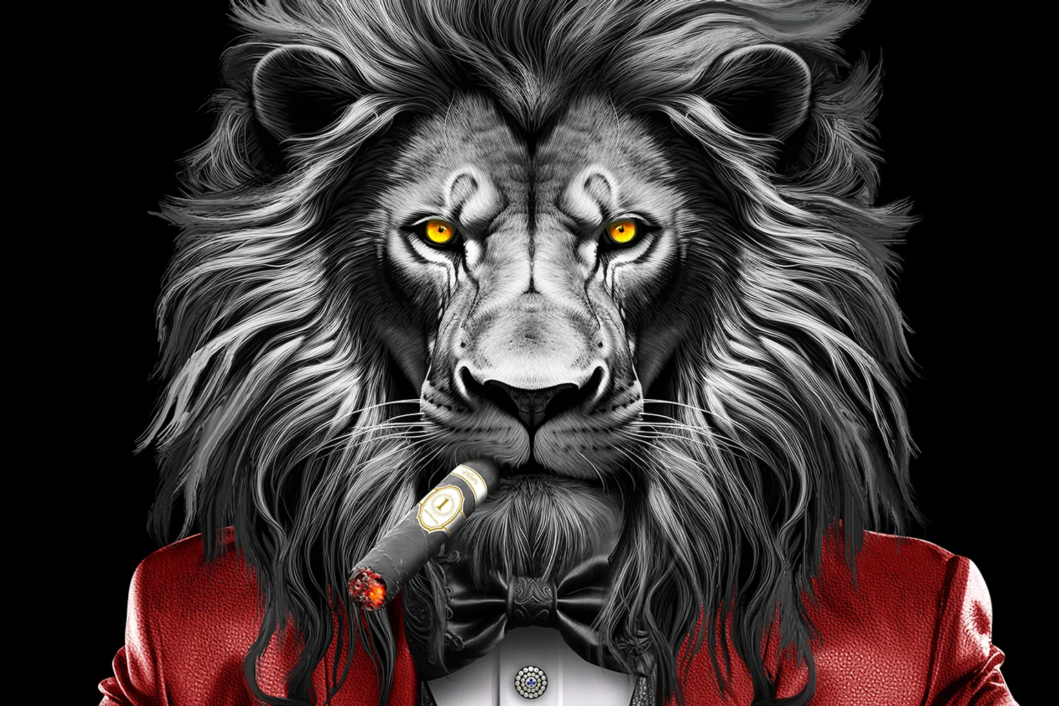 Lion à crinière blanche en veston rouge, cigare aux lèvres, tenant un jeu de cartes sur un tapis vert