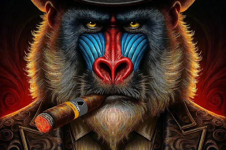 Mandrill au museau bleu et rouge, chapeau et veste de velours, cigare allumé