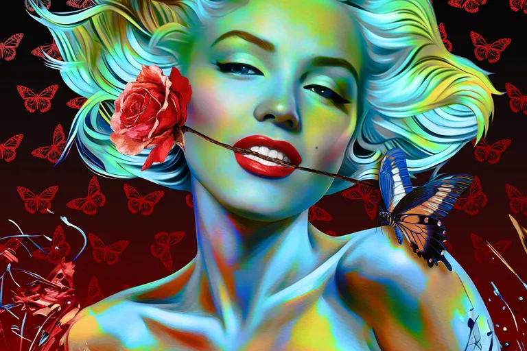 Marilyn pop-art aux couleurs saturées, rose dans les cheveux, entourée de papillons rouges