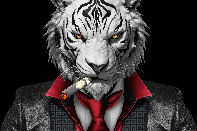 Tigre blanc en costume noir et cravate rouge, cigare et jeu de poker en main