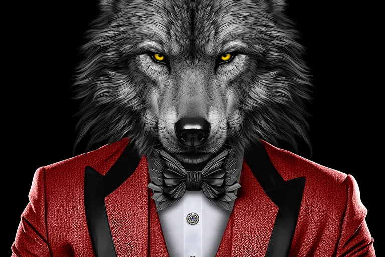 Loup gris en smoking rouge à revers noirs, cartes de poker entre les pattes